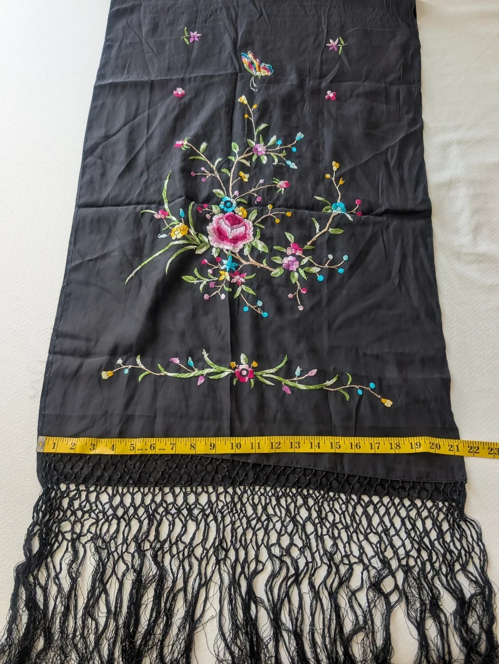 Embroidered Floral Scarf Shawl Black 100% Silk Tassel Women's Accessory - Picture 5 of 16